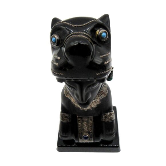 Obsidian Black Stone Sculpture with 925 Silver Accents Taxco Mexico Vintage - Picture 9 of 13